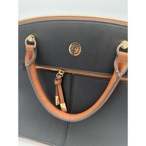 Anne Klein Lion Logo Pebbled Faux Leather Satchel Shoulder Bag Black Brown. 3879